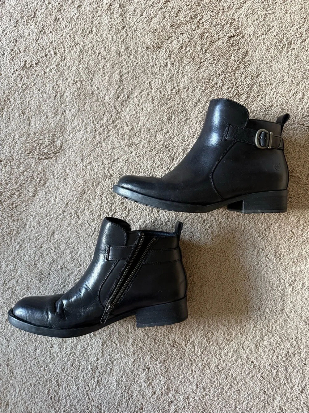 Born Black Leather Ankle Boots with Side Zip & Buckle Detail - Women size 8